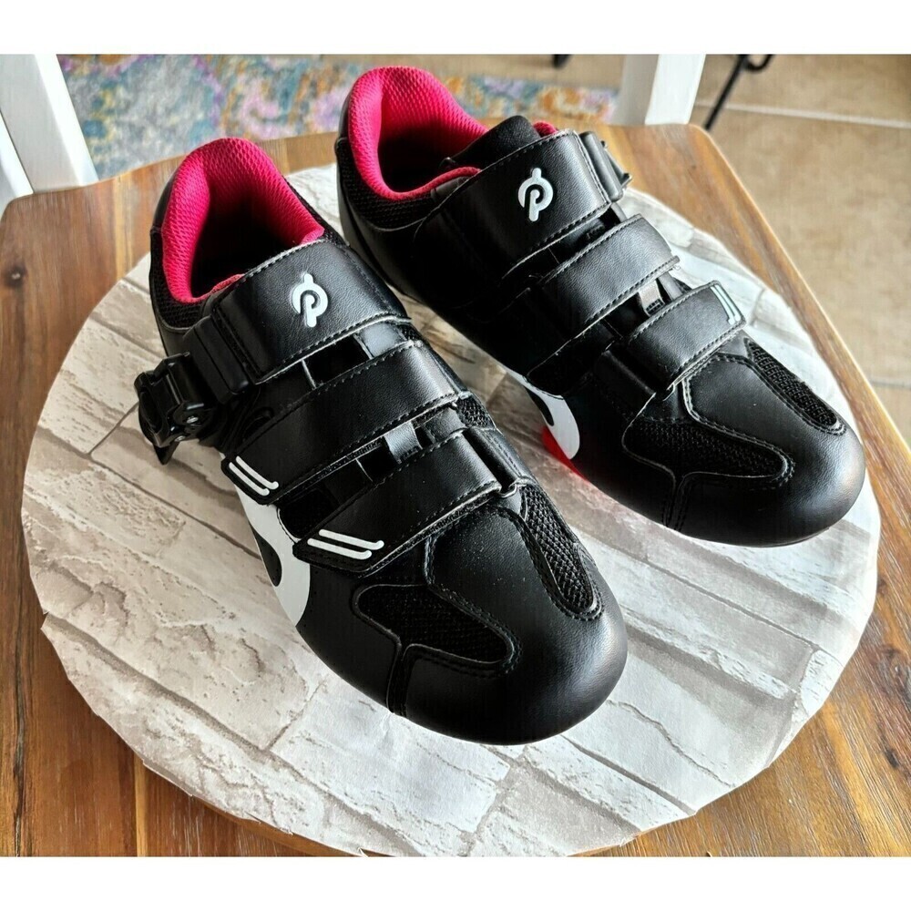 Peloton Leather Cycling Sneakers 38 Black &‎ Pink Low Top With Cleats Outdoor